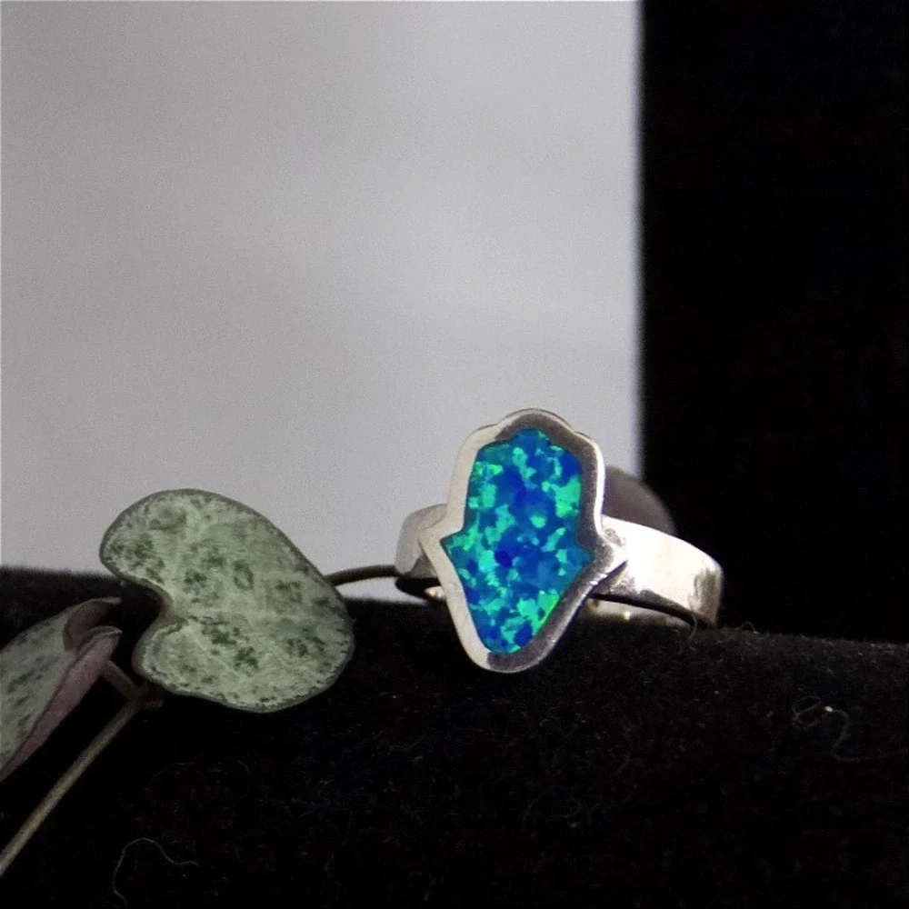 Sterling Silver 925 Hamsa Hand Blue Green Opal Inlay Ring Size 6.75 Spiritual